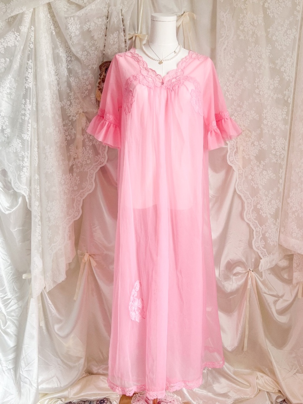 Vintage Pink Sheer Peignoir Nightgown | Fairy Princess Lace Maxi Robe Dres